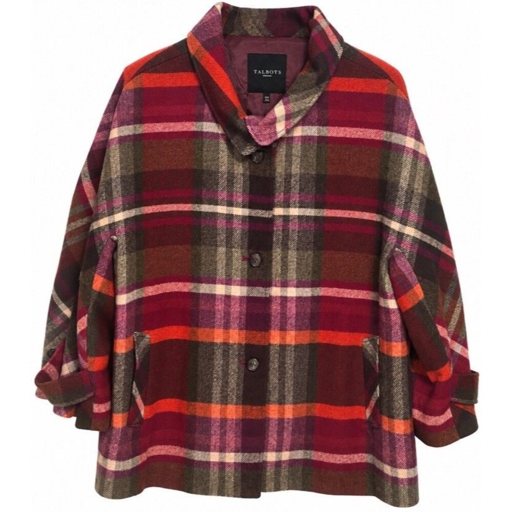 Talbots Women’s 22W Wool Blend Plaid Coat Jacket Fall Burgundy Orange Oversized